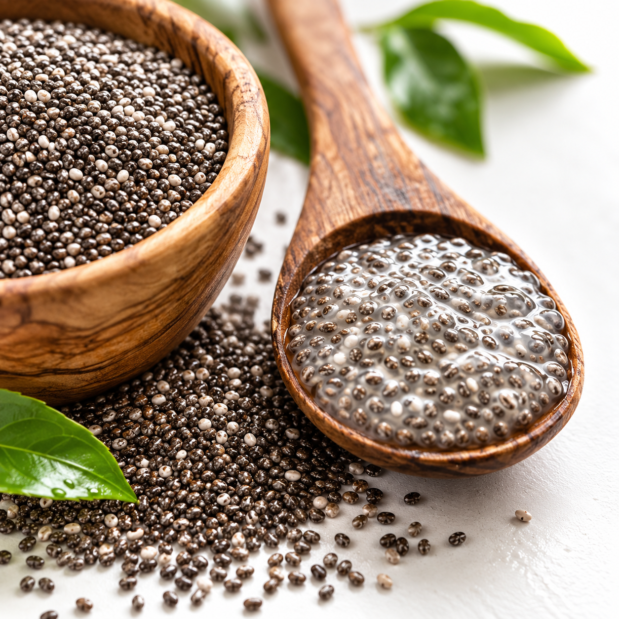 Chia seeds on a wooden spoon