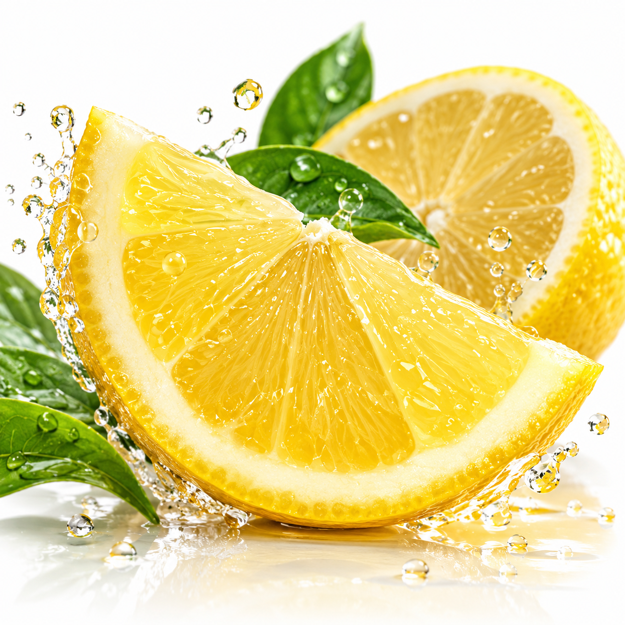 Fresh lemon slice with a splash of water
