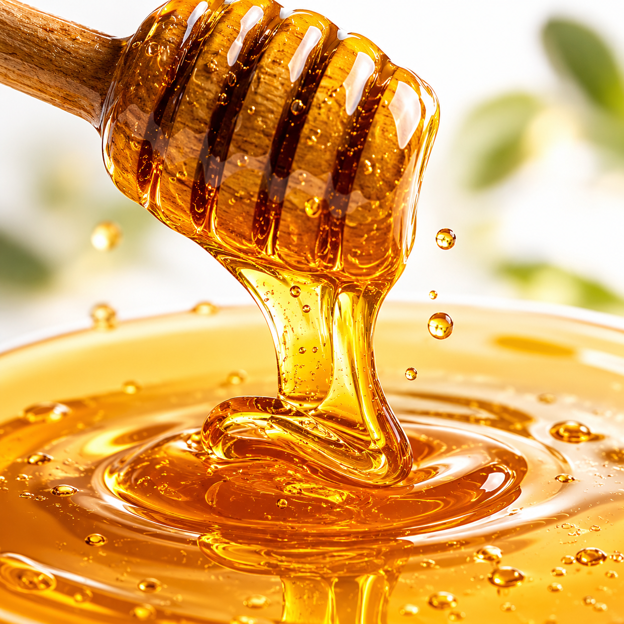 Golden honey dripping from a dipper
