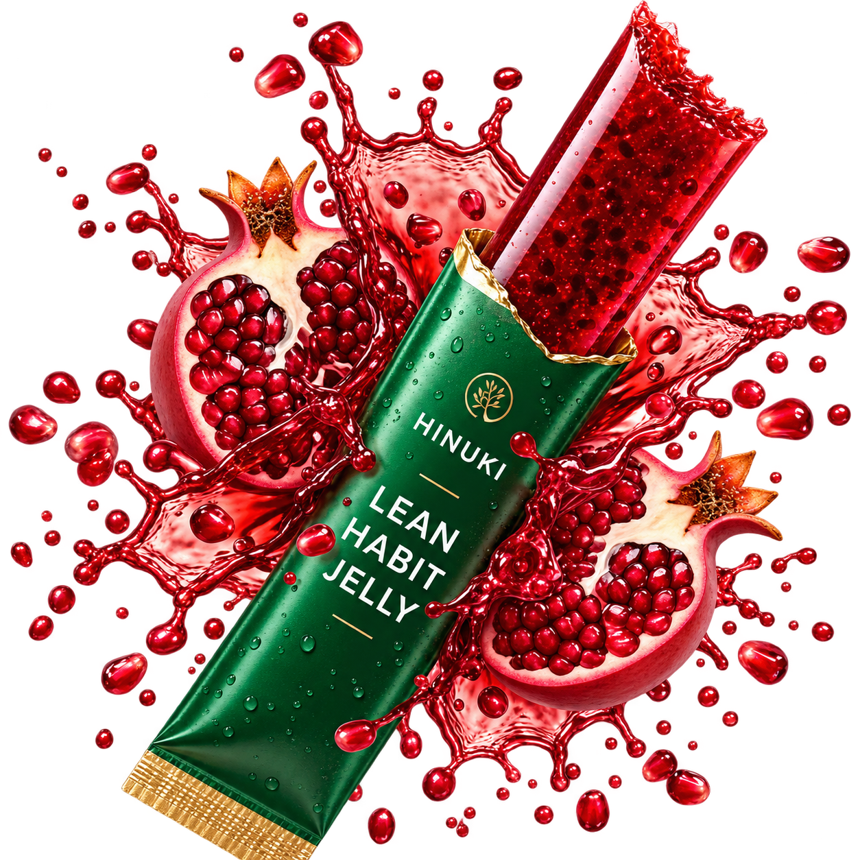 Hinuki Lean Habit Jelly stick surrounded by pomegranate seeds and splash