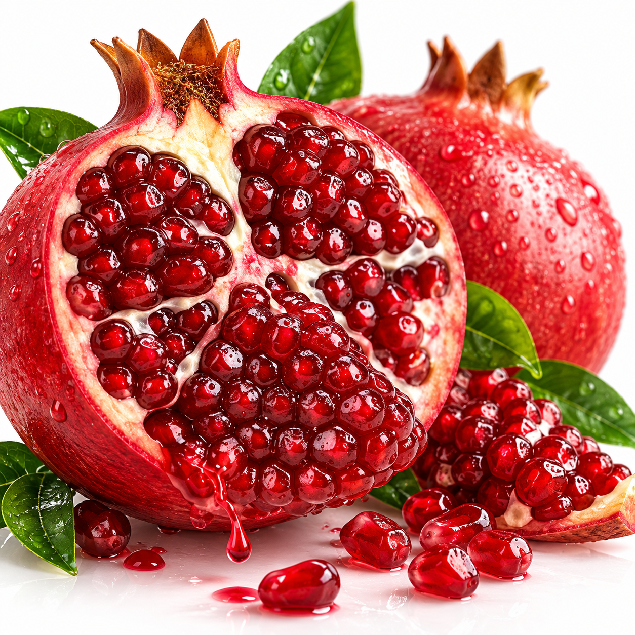 Ruby red pomegranate with fresh leaves